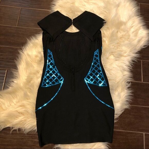 WOW couture bodycon bandage blk/turquoise sequins size lg - Picture 4 of 14